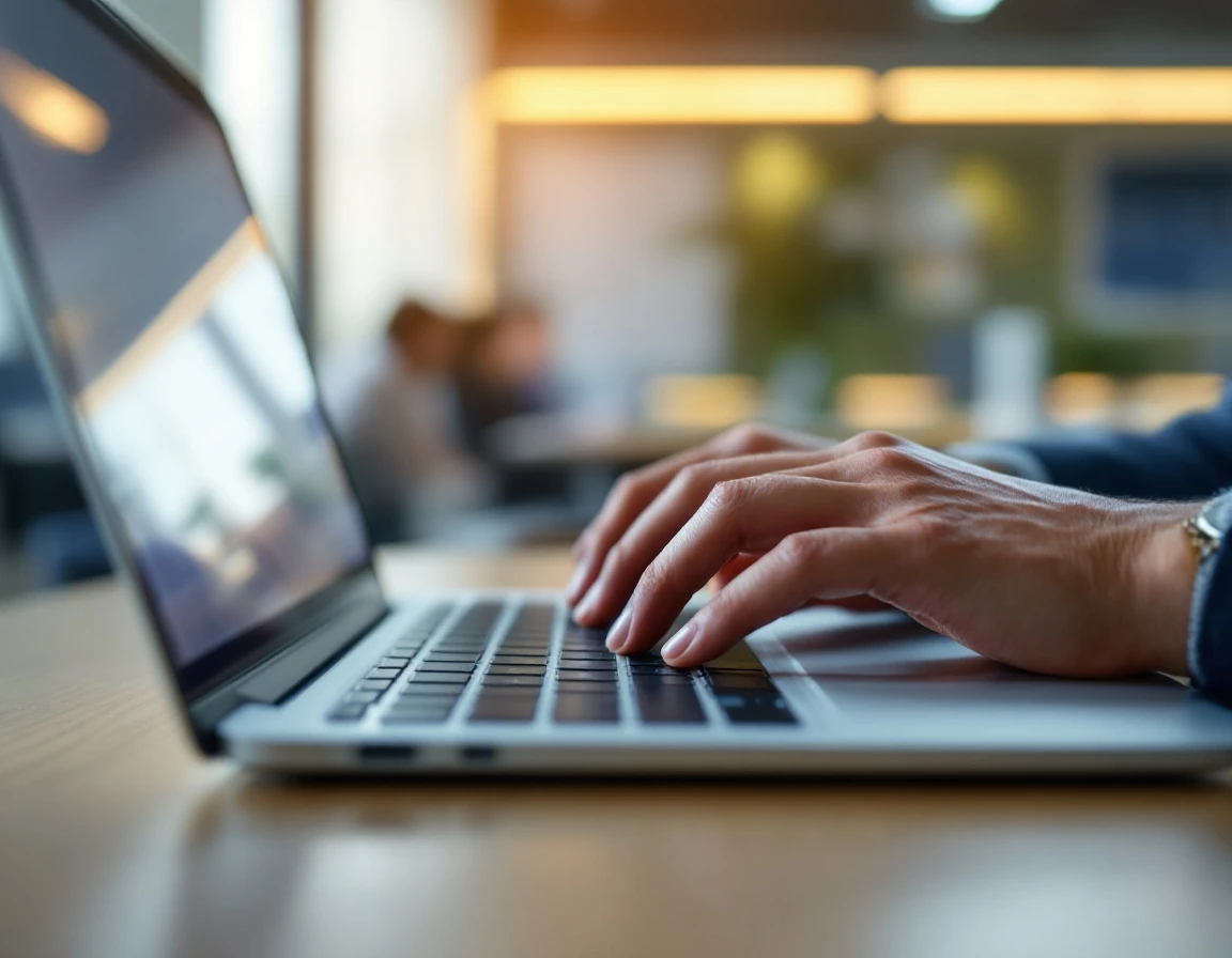Hands typing on laptop keyboard in professional training environment with natural lighting and shallow depth of field