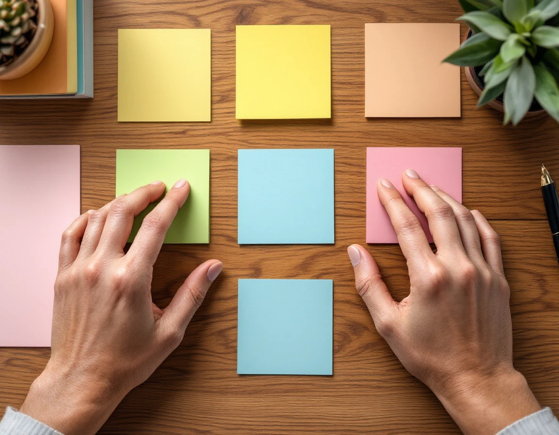 Hands organizing color-coded sticky notes on wooden desk for training program planning