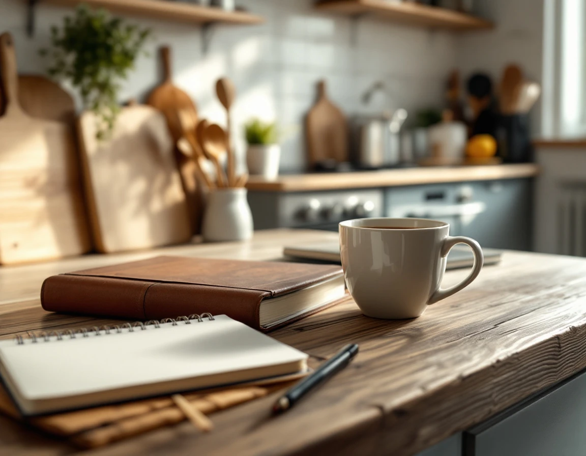 Kitchen counter workspace with coffee, blank journal, and training materials for professional development