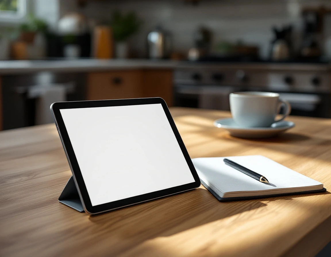 Training materials and tablet on wooden desk in professional kitchen workspace with natural lighting