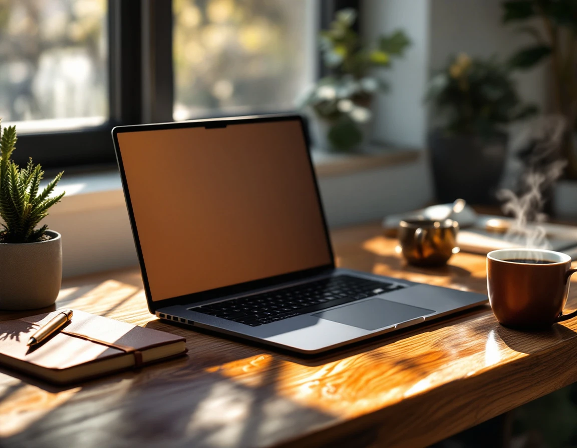 Laptop workspace with morning light showing authentic training technology setup on wooden desk