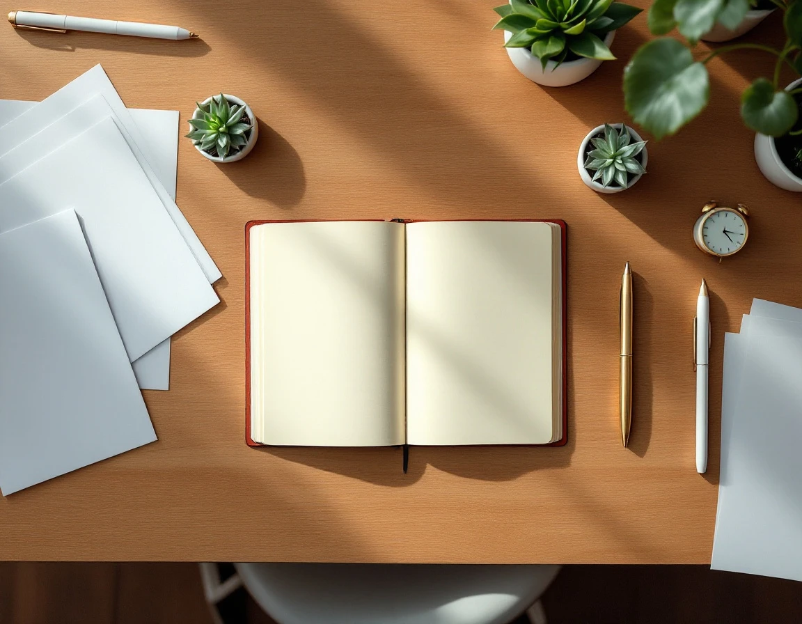Minimalist workspace flatlay with blank journal, gold pen, analog clock, and succulent plants on wooden desk