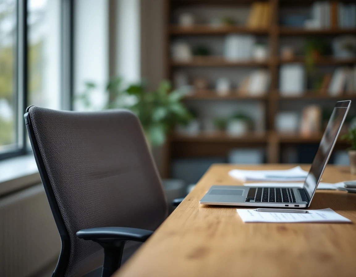 Empty office workstation with ergonomic chair and laptop showing authentic workplace assessment environment