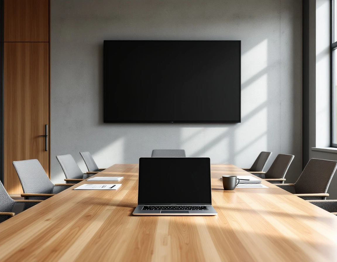 Modern boardroom with conference table and mounted display prepared for compliance training assessment session
