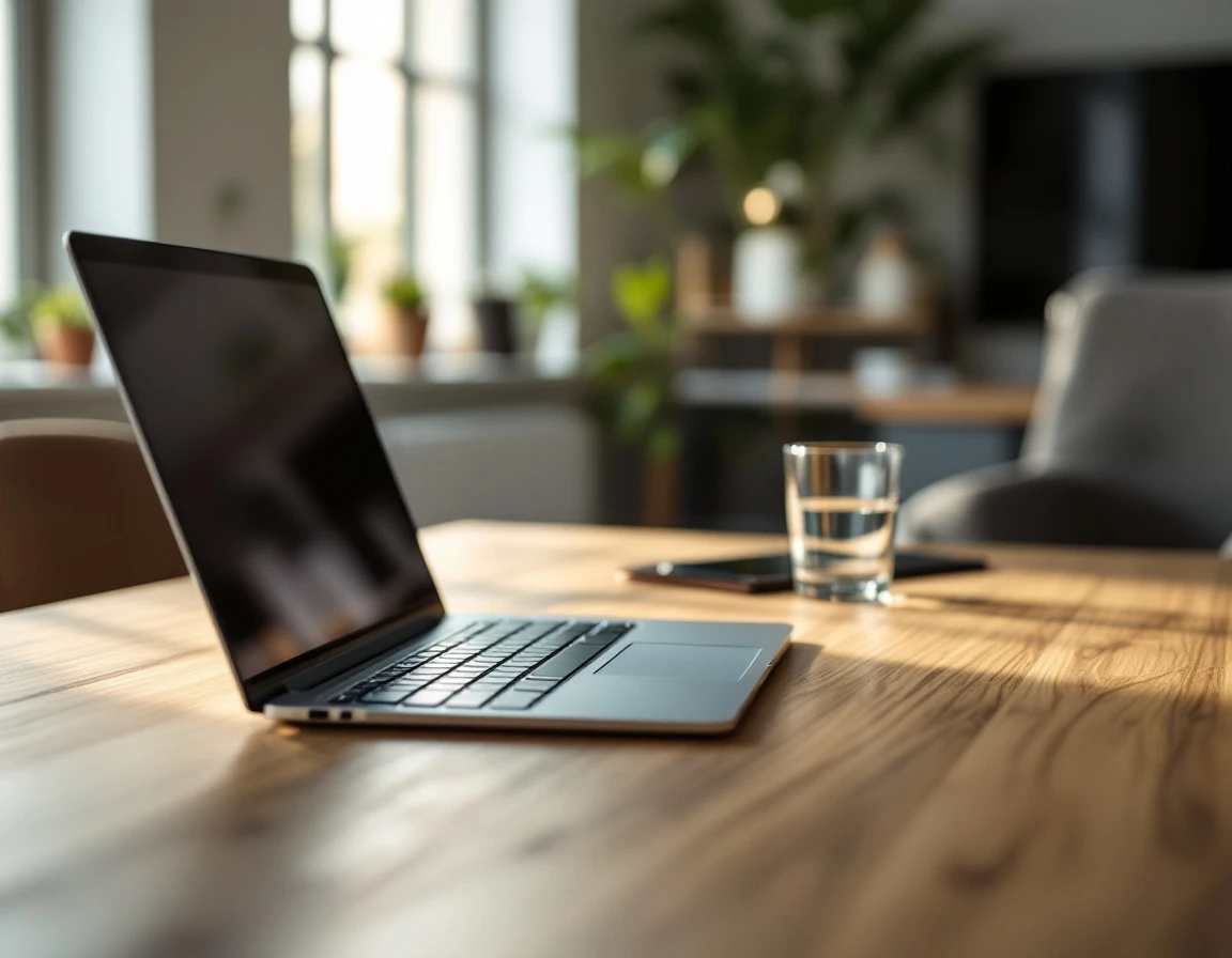 Modern office workspace with laptop on wooden desk in natural daylight for compliance training context
