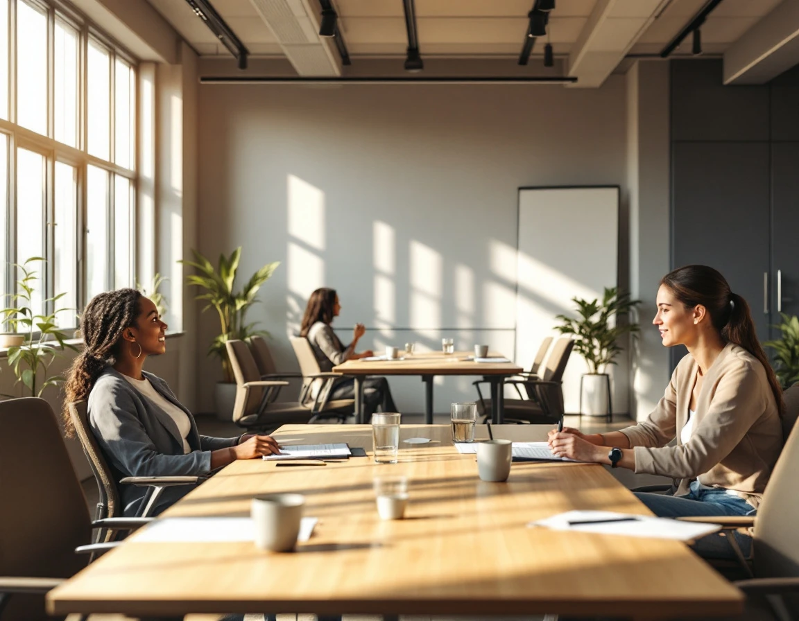 Three training stations arranged in modern corporate learning space with natural lighting and inclusive design