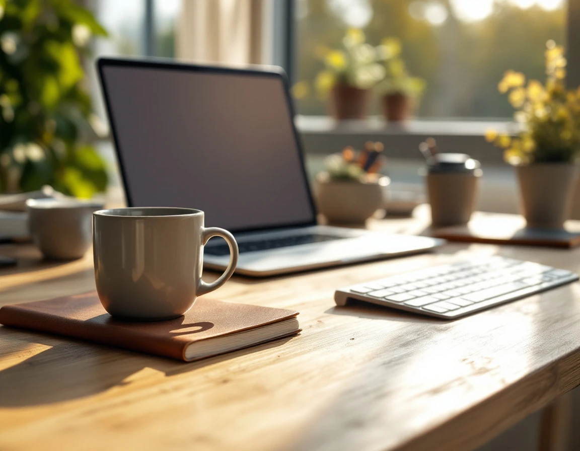 Modern workspace with laptop, coffee mug, and notebook arranged on wooden desk in natural office lighting