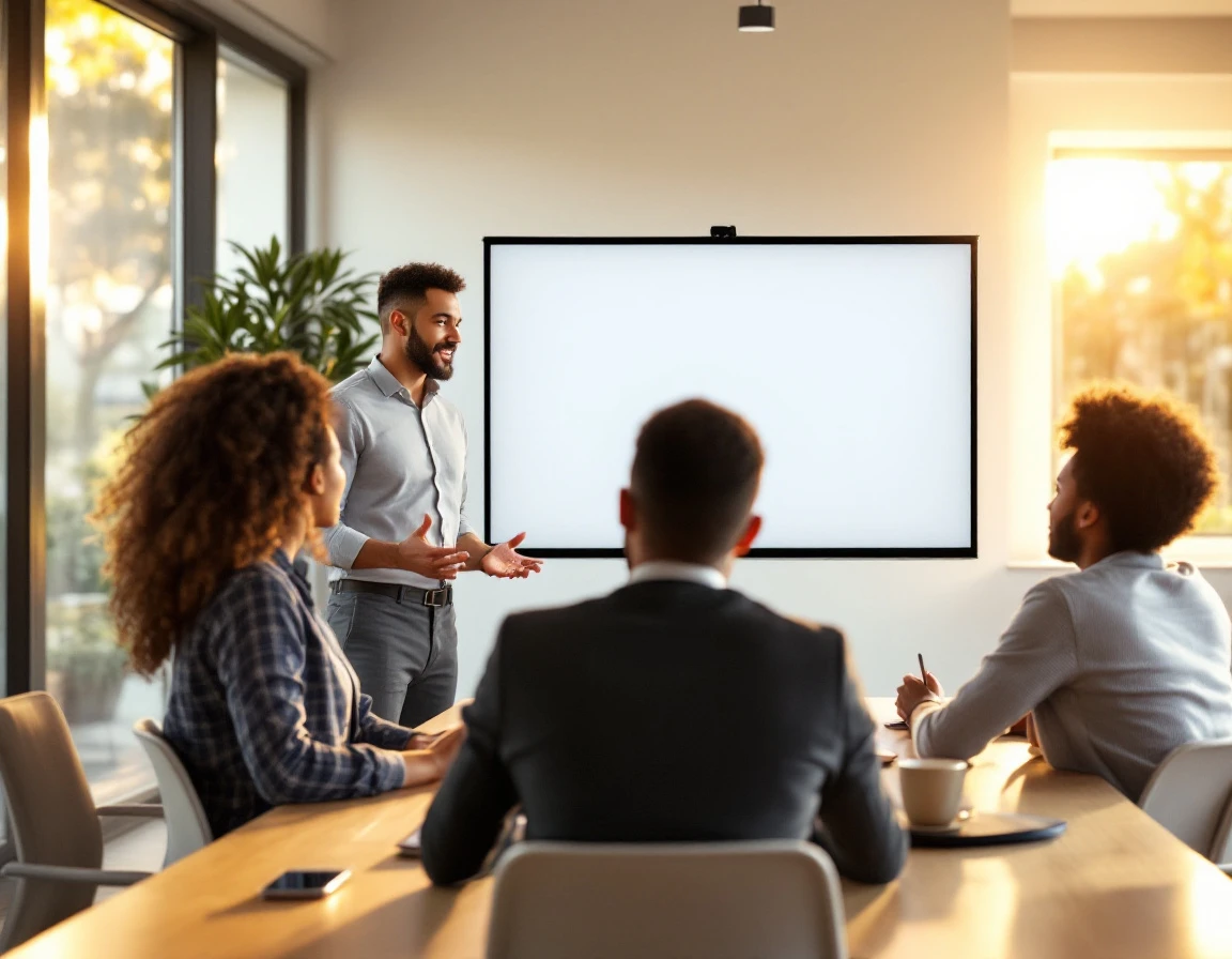 Facilitator leading employee training session with blank screen in modern office conference room