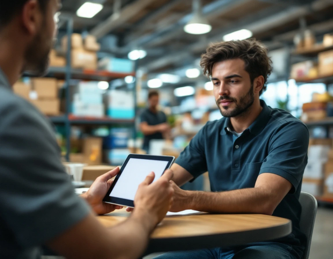 Retail employee reviewing training materials on tablet in store break room with shelving visible behind