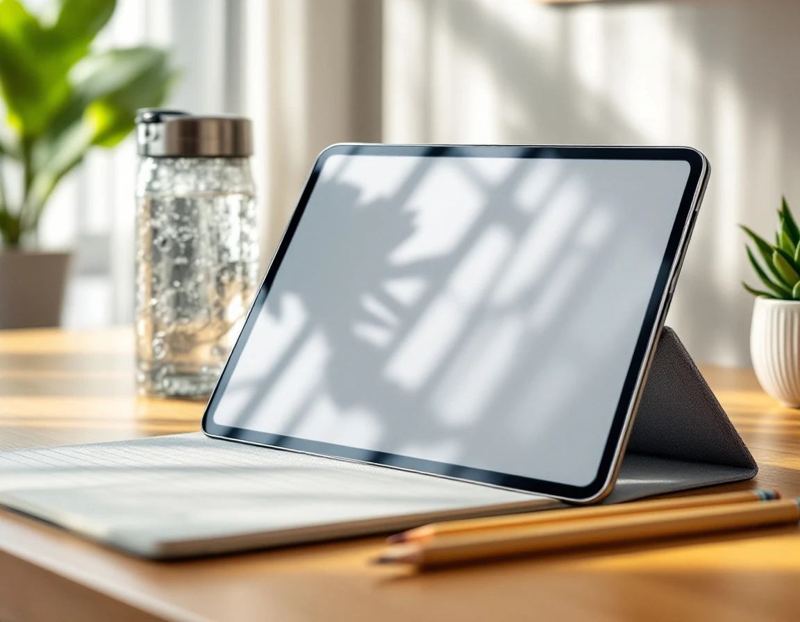 Blank tablet device on wooden desk with training materials in professional office workspace