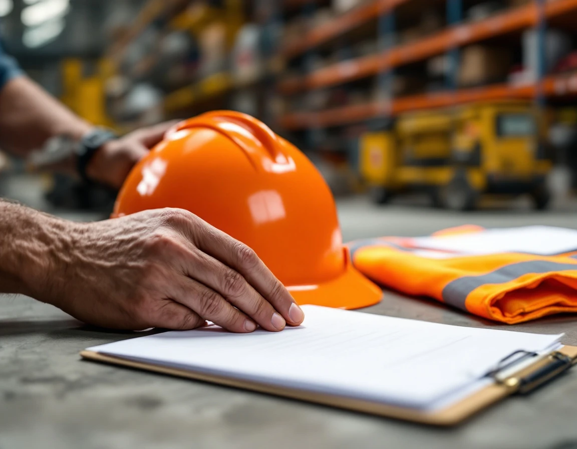 Safety equipment including clipboard, hard hat, and reflective vest arranged for workplace training session