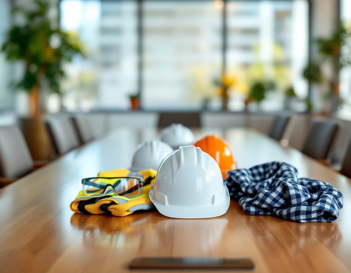 Safety equipment and protective gear arranged on conference table in retail training room setting