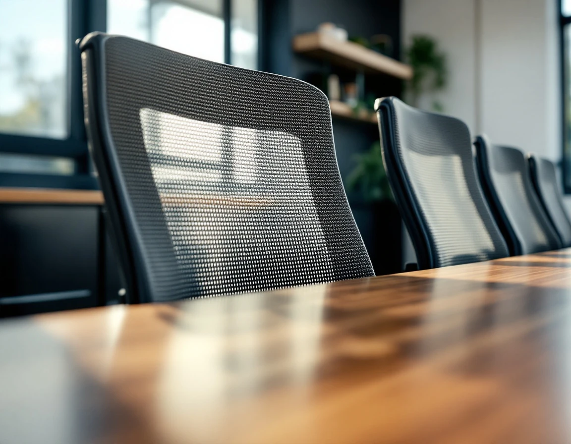 Ergonomic office chairs at conference table with natural lighting and authentic fabric textures