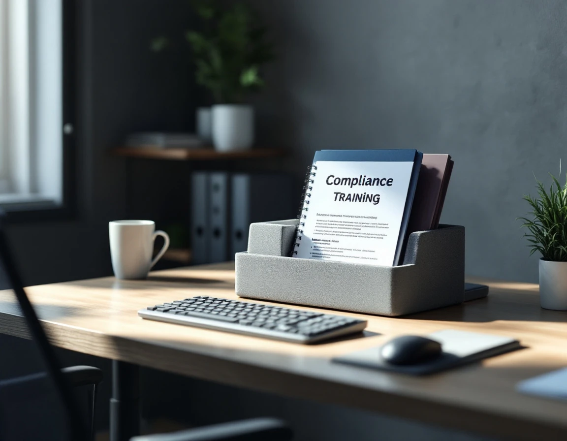 Modern office workspace with compliance training materials and ergonomic accessibility features in natural light
