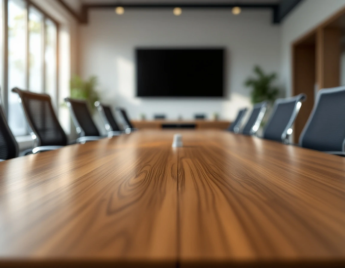 Modern conference room with ergonomic chairs and polished table in natural window light