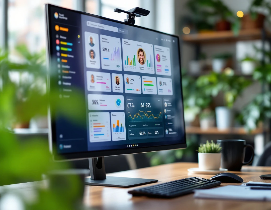 Desktop monitor showing employee onboarding dashboard with progress bars and status cards