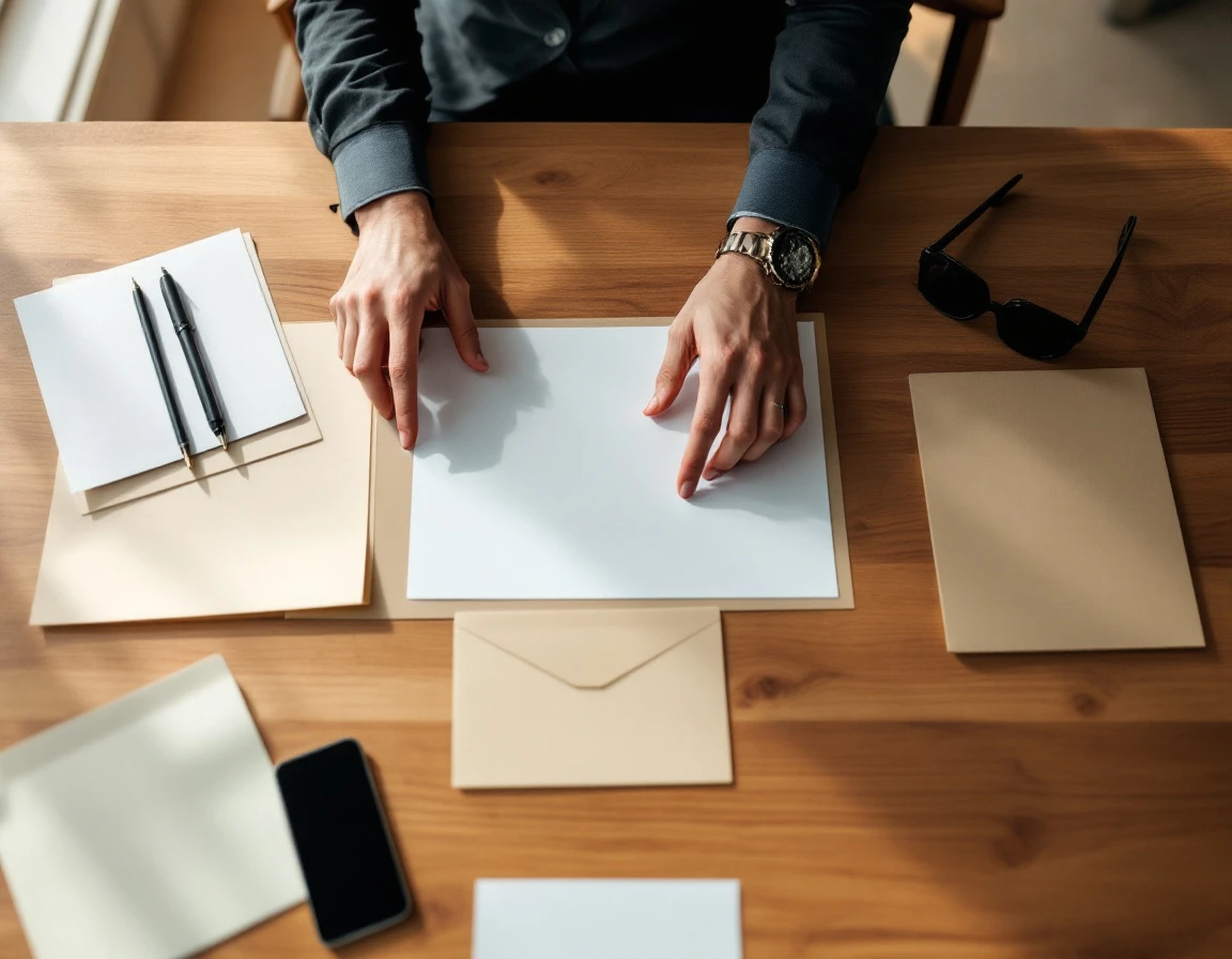 Hands collaborating over blank folders and wireframes on wooden conference table in modern office