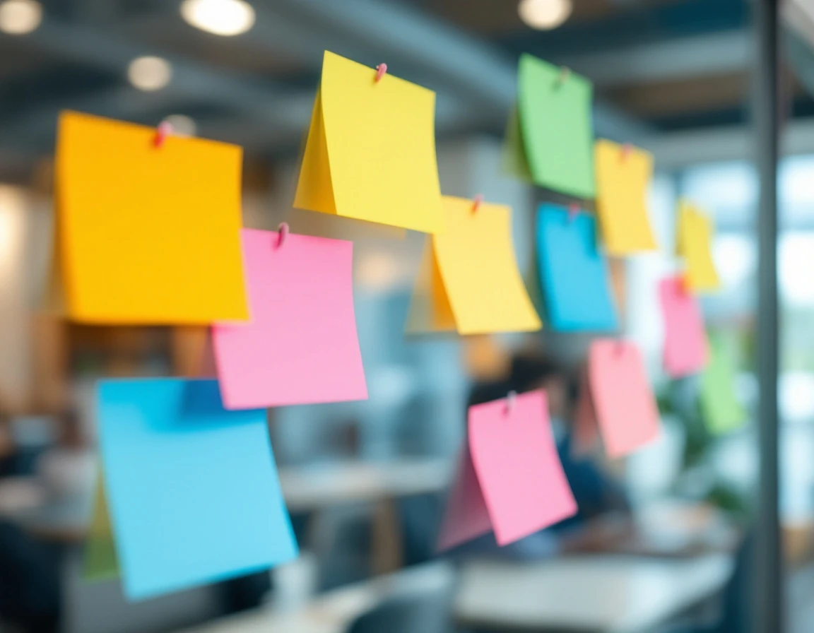 Colorful blank sticky notes on glass whiteboard in professional training workshop setting