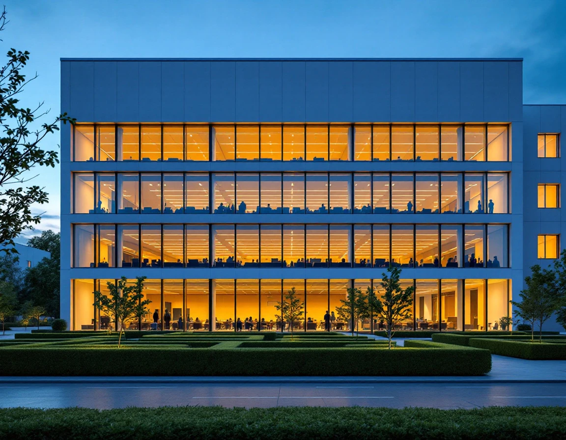 Modern training facility exterior with structured architecture and organized interior spaces visible through windows