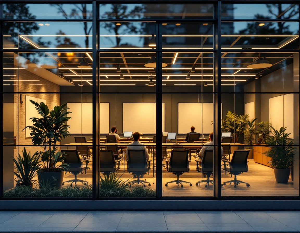 Professional training facility with collaborative classroom setup visible through modern glass exterior