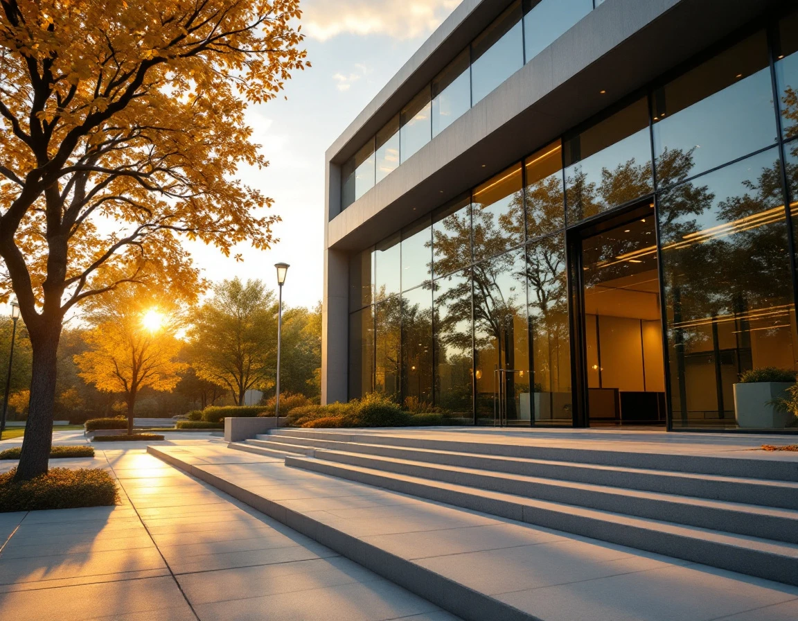 Modern corporate training facility entrance at dawn in early October with autumn foliage and warm golden light