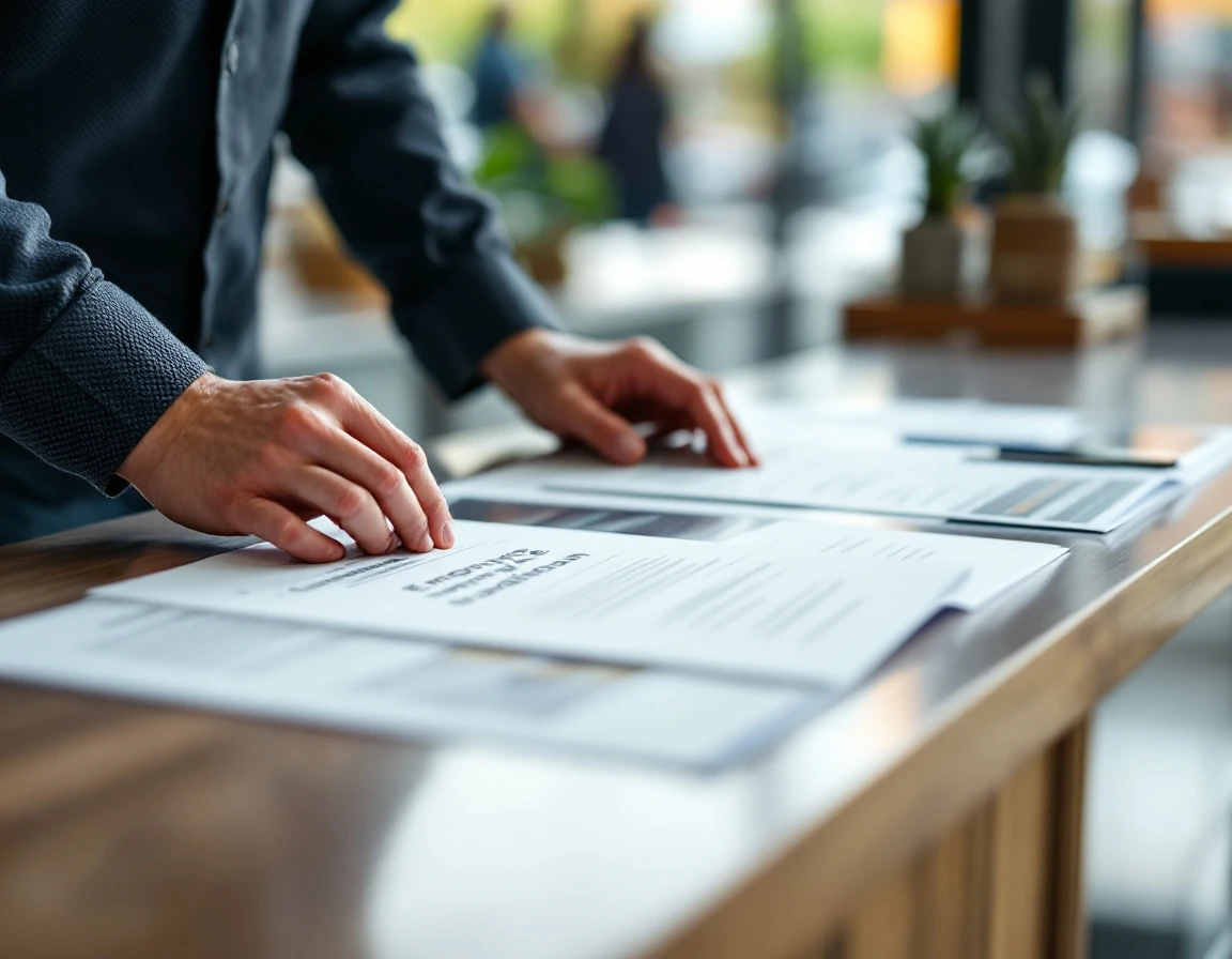 Hands reviewing retail training materials on counter during employee onboarding preparation
