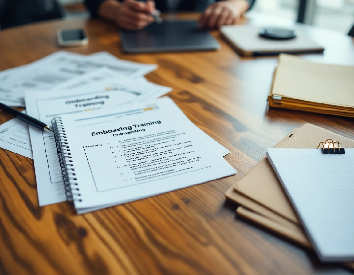 Training materials and onboarding documents arranged on a conference table with natural lighting