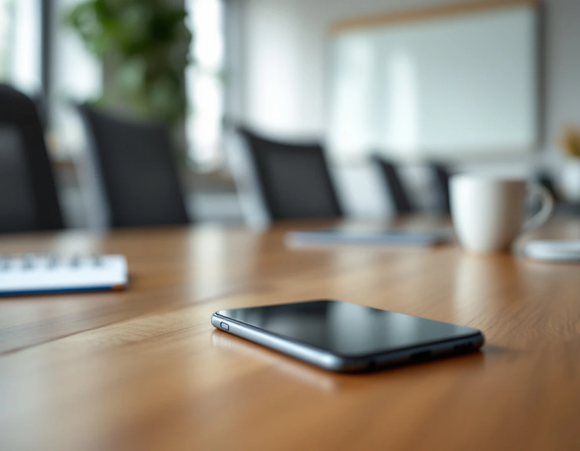 Smartphone on office desk with dark screen in modern corporate training environment