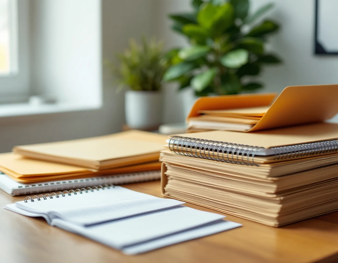Organized training materials and folders on office desk with natural lighting
