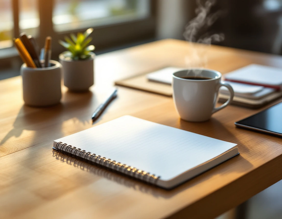Clean desk with blank notebook, coffee, and office supplies ready for compliance planning work