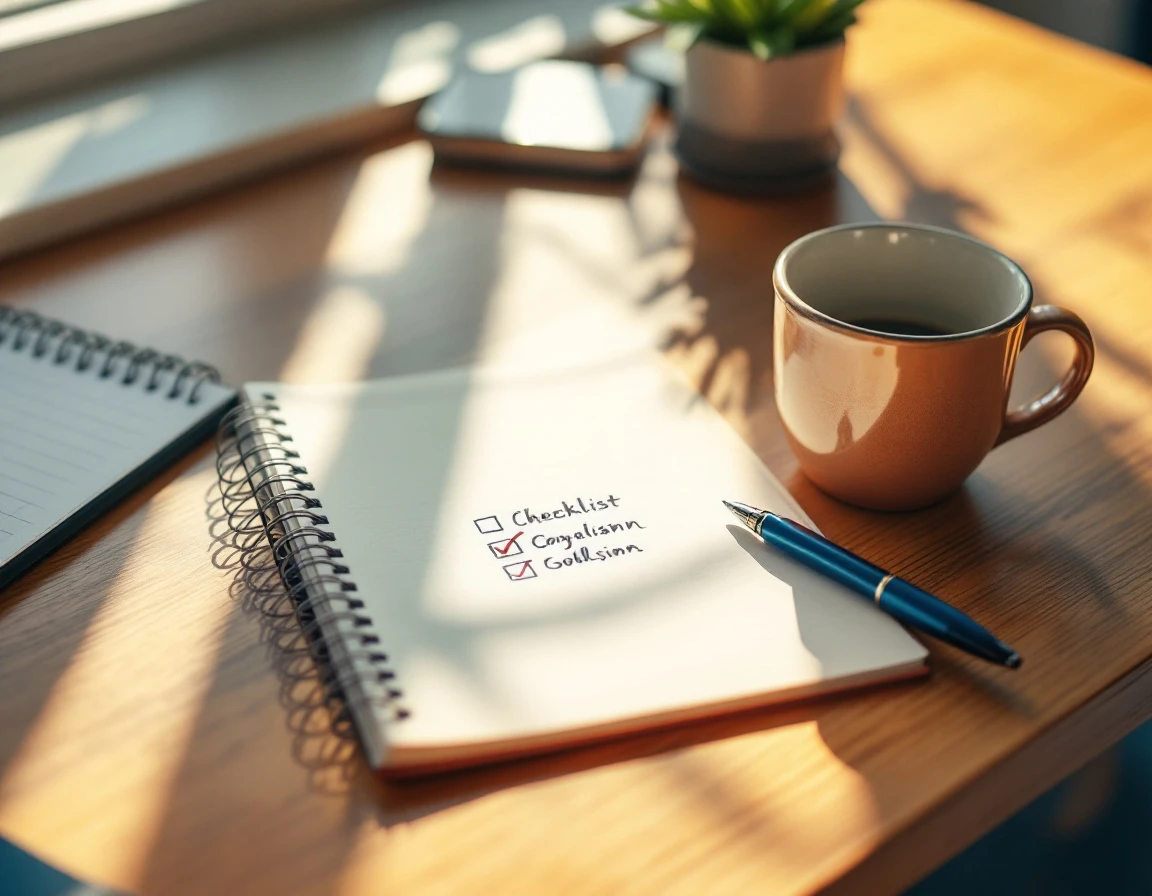 Overhead view of workspace with notebook, pen, and coffee mug on wooden desk showing training compliance planning