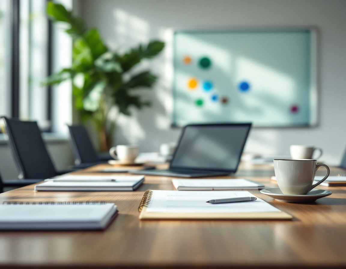 Corporate training room with learning materials arranged on conference table in natural morning light