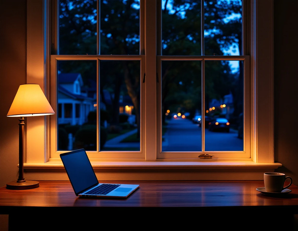 Home office workspace overlooking quiet residential street at twilight with laptop and warm interior lighting