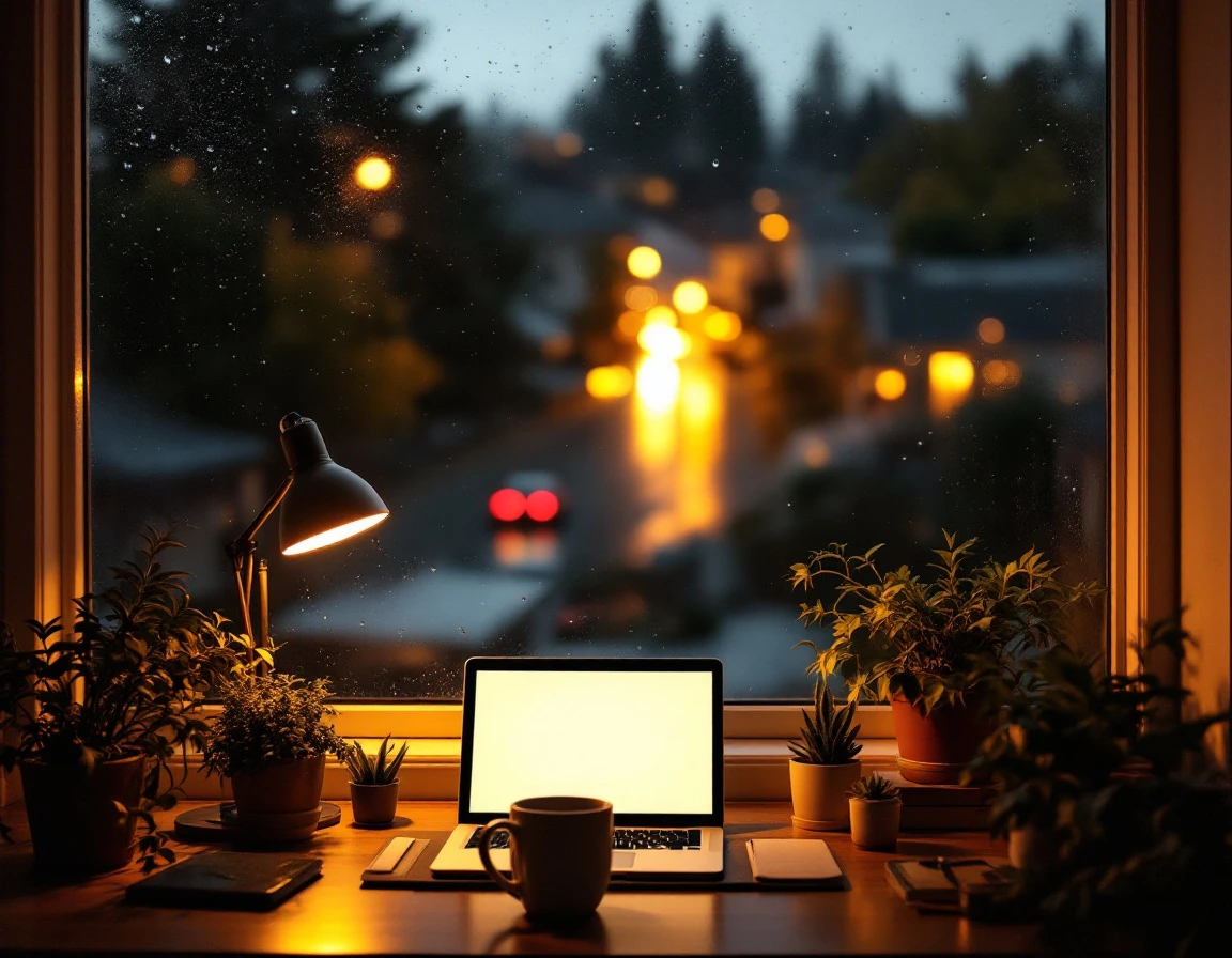 Warm home office workspace glowing through rain-covered window on dark evening in residential neighborhood