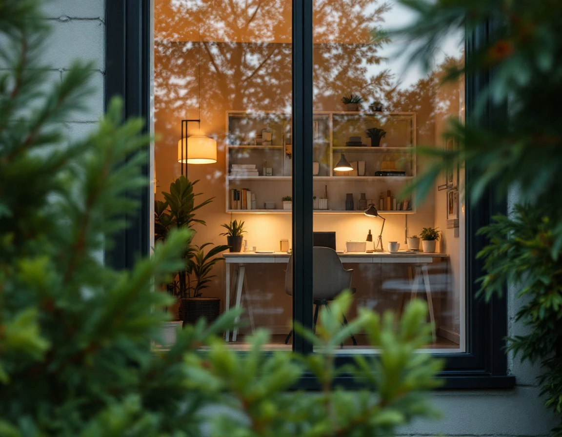 Home office workspace visible through residential window with evergreen branches in foreground