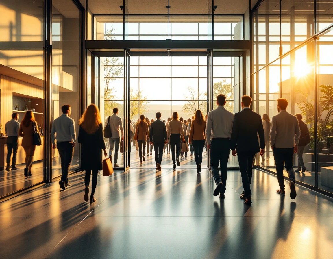 Modern office building entrance with new employees arriving during orientation day at corporate headquarters