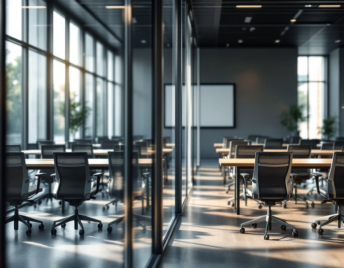 Empty corporate training room with organized rows of chairs awaiting new employee orientation session