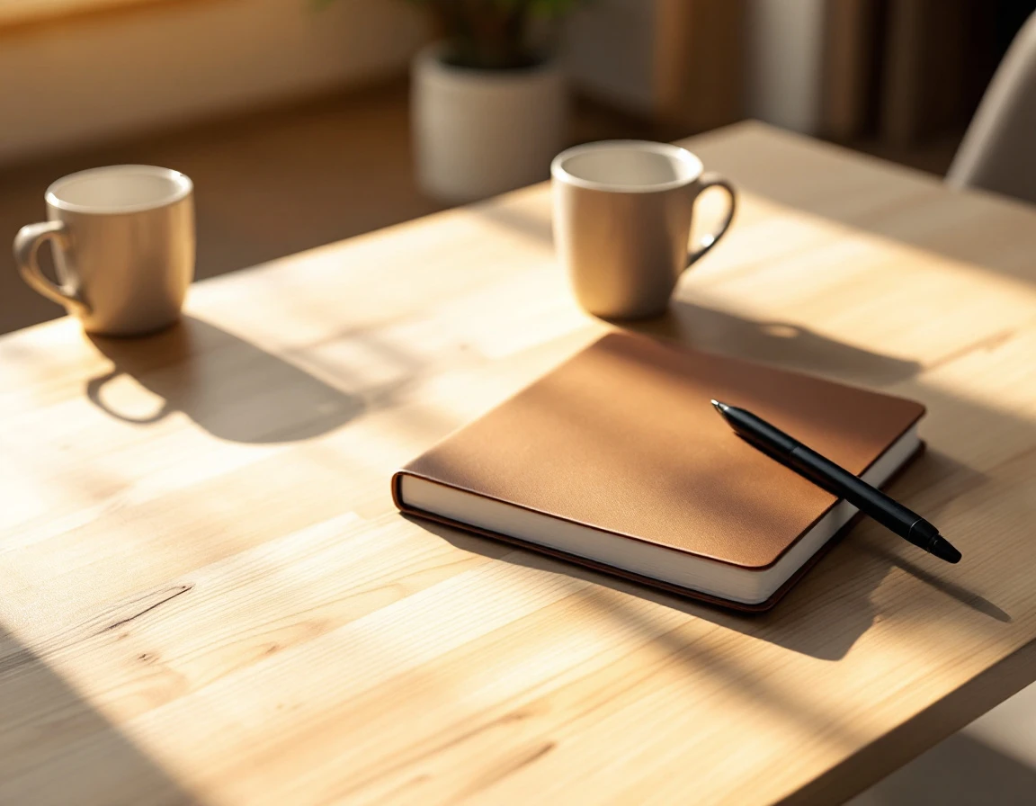 Leather journal and coffee mugs on wooden desk in professional office setting for compliance training preparation