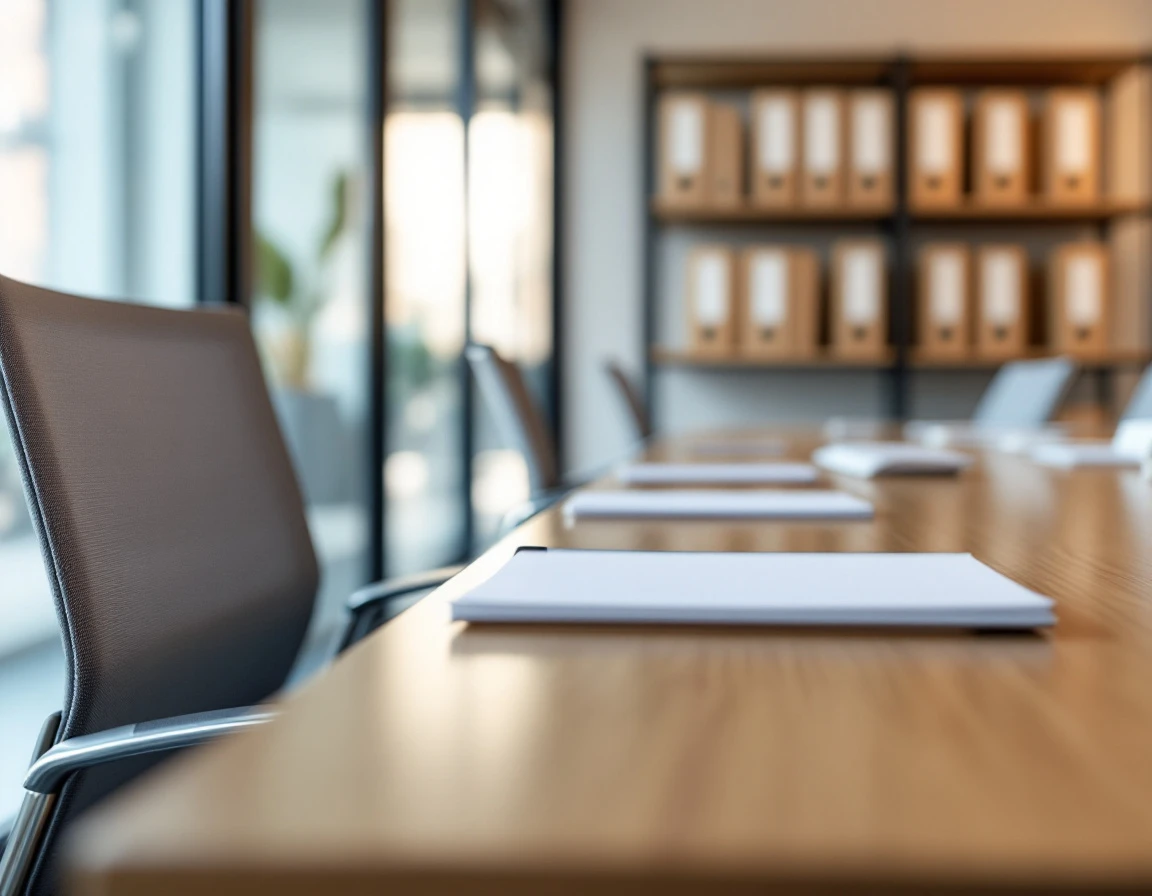 Professional training room table setup with blank materials prepared for compliance education session