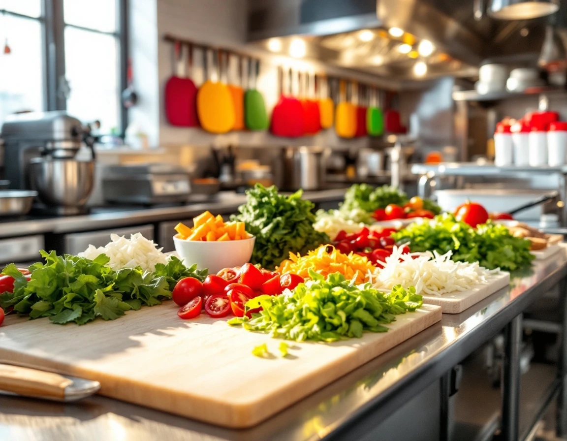 Organized QSR kitchen prep station with fresh ingredients and stainless steel equipment ready for training workflow