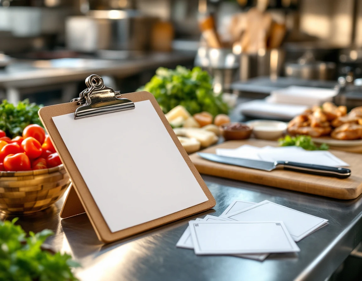 Quick-service kitchen training station with blank notebooks, fresh ingredients, and prep tools on steel counter