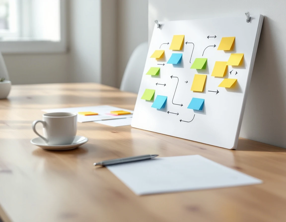 Planning workspace with color-coded materials and visual pathways arranged on wooden conference table
