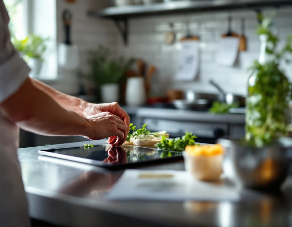 Hands preparing ingredients at commercial kitchen prep station with training materials nearby