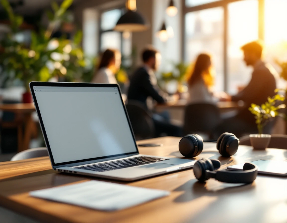 Laptop and learning tools on desk with collaborative office environment in soft focus background