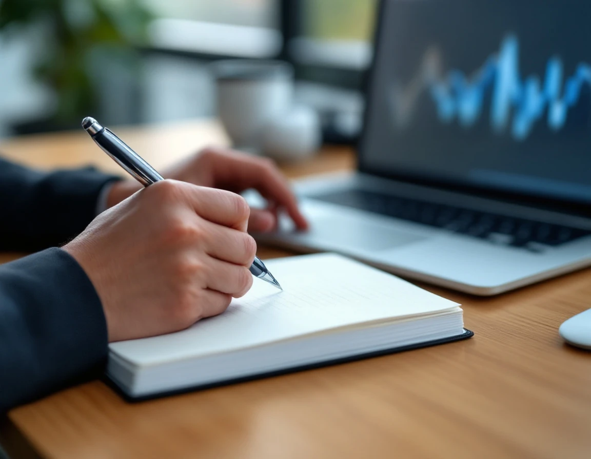 Professional taking handwritten notes at desk with laptop displaying analytics during training session