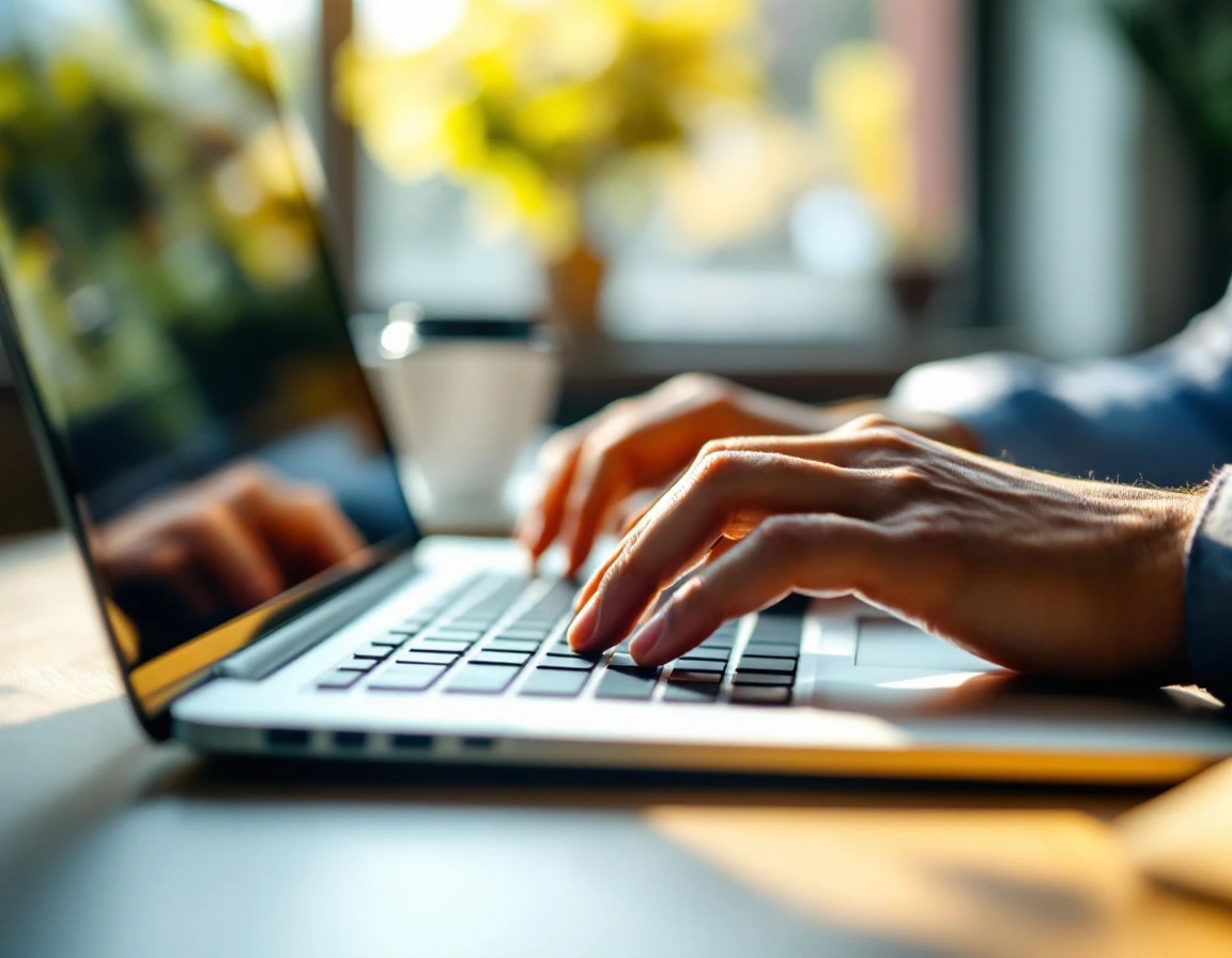 Hands typing on laptop keyboard in natural light during employee training session