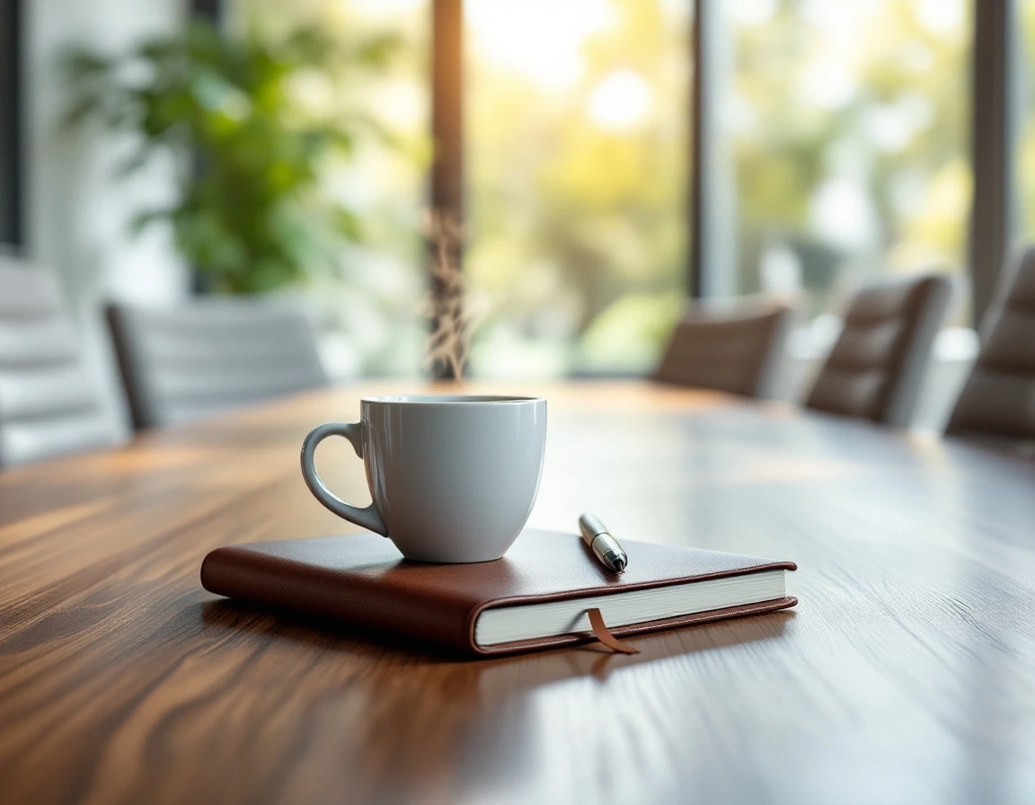 Coffee mug and notebook on conference table with blurred training room background showing natural window light