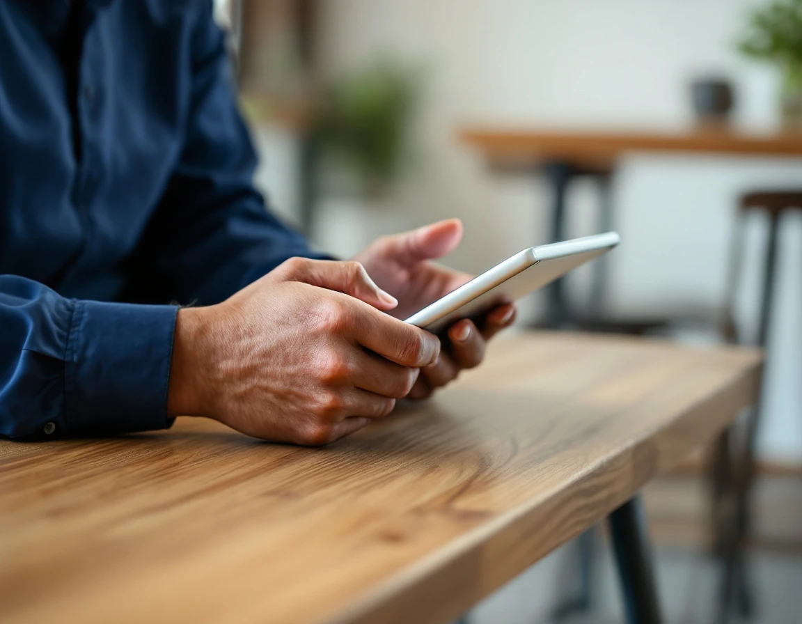 Retail manager reviewing career development materials on tablet in workplace break room setting