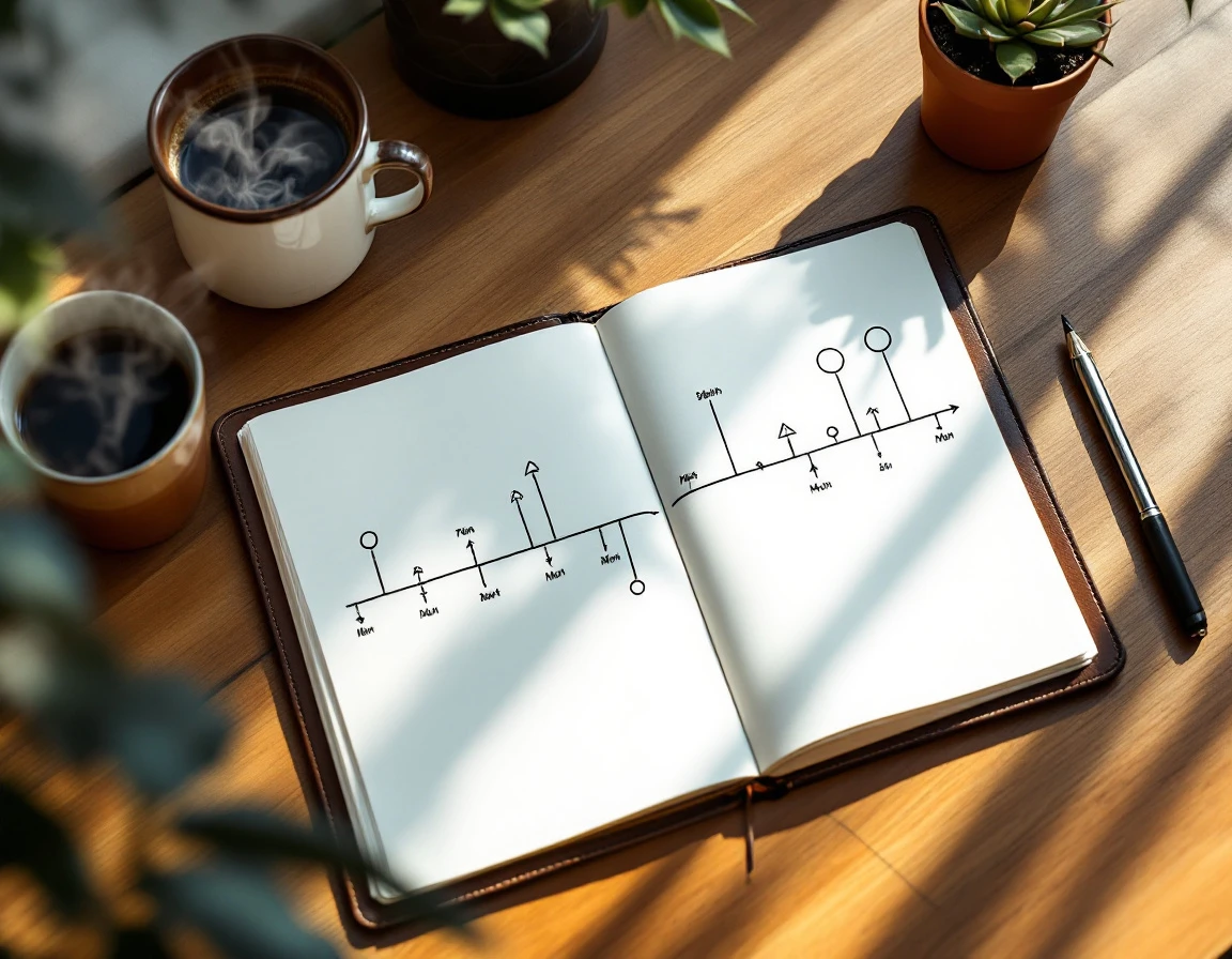 Career timeline planner with milestone markers and progression pathways on wooden desk with coffee and plants