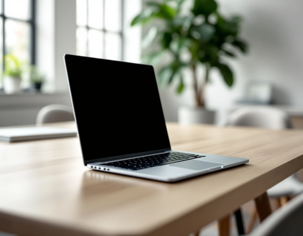 Laptop on desk in modern training room with natural lighting and minimalist office environment